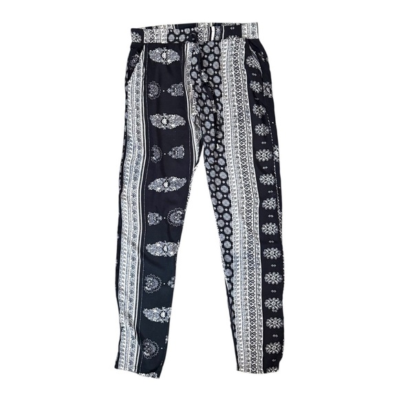 SR Pants - Vintage SR Paisley Print Boho Jogger Pants - Black & White - Large